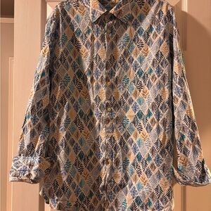 Tasso Elba Blue and Tan Patterned Casual Button Down Shirt